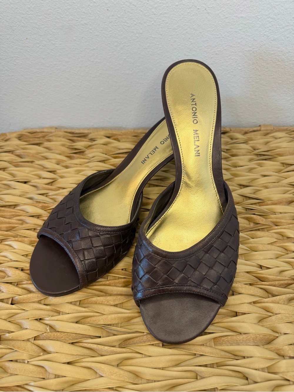 Brown Kitten Heels Woven Leather Open-Toe Mules ANTONIO MELANI Size US9.5